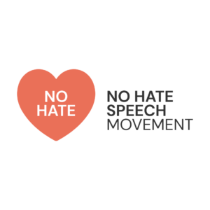 Logo von No Hate Speech Movement mit einem roten Herz, in dem "No Hate" steht