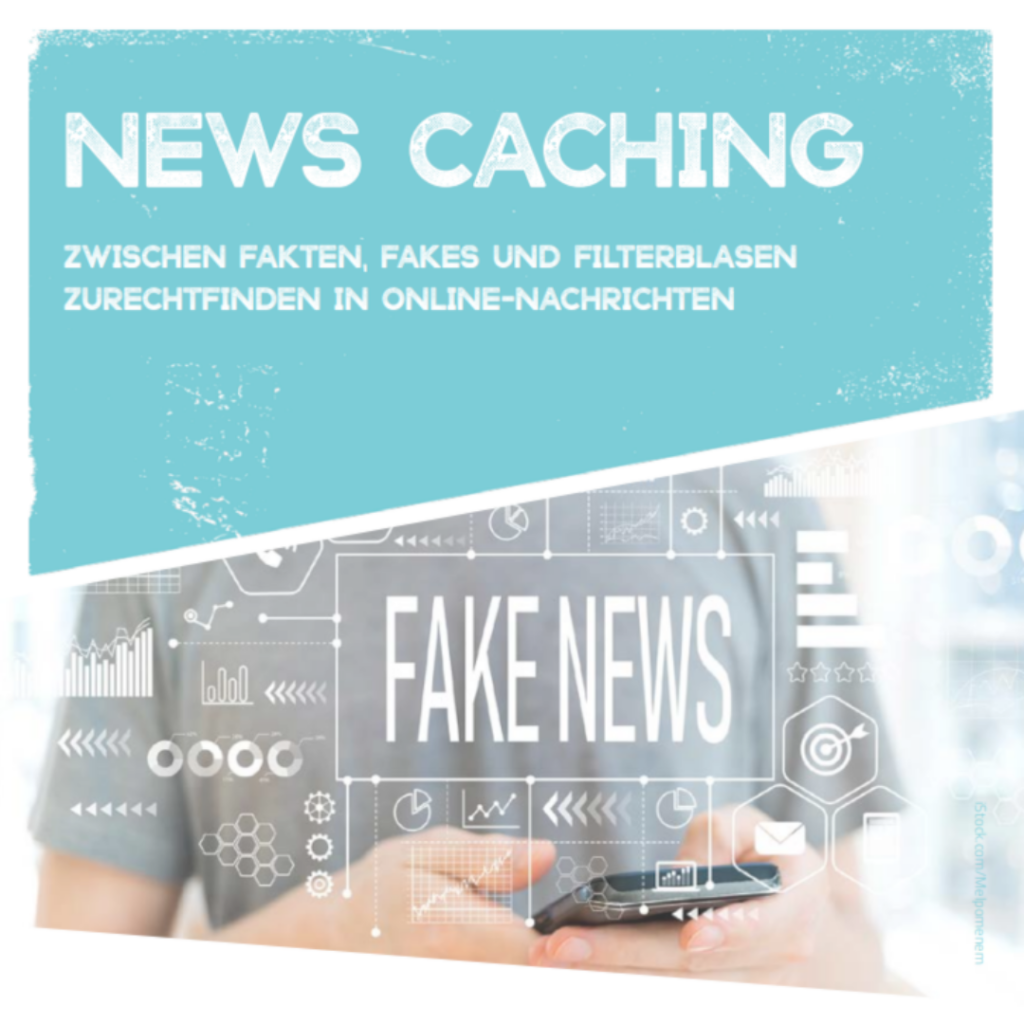 Logo von News Caching: Oberkörper und Hände einer Person mit Smartphone in der Hand. Darüber Schrift: Zwischen Fakten, Fakres und Filterblasen. Zurechtfinden in Online-Nachrichten