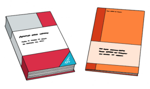 Ein Buch und ein Heft. Das Buch hat einen rot-grauen Umschlag. Das Heft hat einen orangen Umschlag.