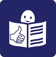 Das Logo ist ein dunkelblaues Viereck mit abgerundeten Ecken. Auf dem dunkelblauen Viereck ist ein Gesicht hinter einem aufgeschlagenen Heft zu erkennen. Das Gesicht und Heft sind weiß.