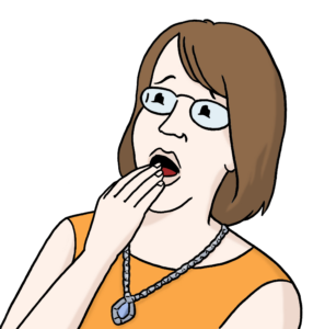 Eine Frau hat den Mund geöffnet und hält sich ihre Hand vor den Mund. Die Augen sind weit geöffnet.