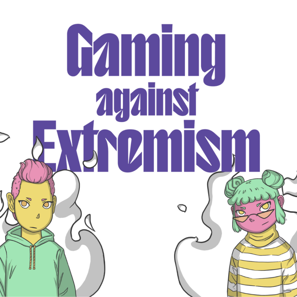 Zwei stilisierte Figuren mit bunten Haaren und Kapuzenpullover beziehungsweise gestreiftem Shirt vor dem Text 'Gaming against Extremism' in großer, lila Schrift