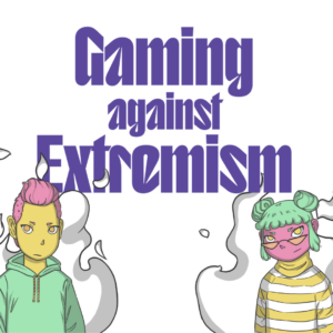 Zwei stilisierte Figuren mit bunten Haaren und Kapuzenpullover beziehungsweise gestreiftem Shirt vor dem Text 'Gaming against Extremism' in großer, lila Schrift