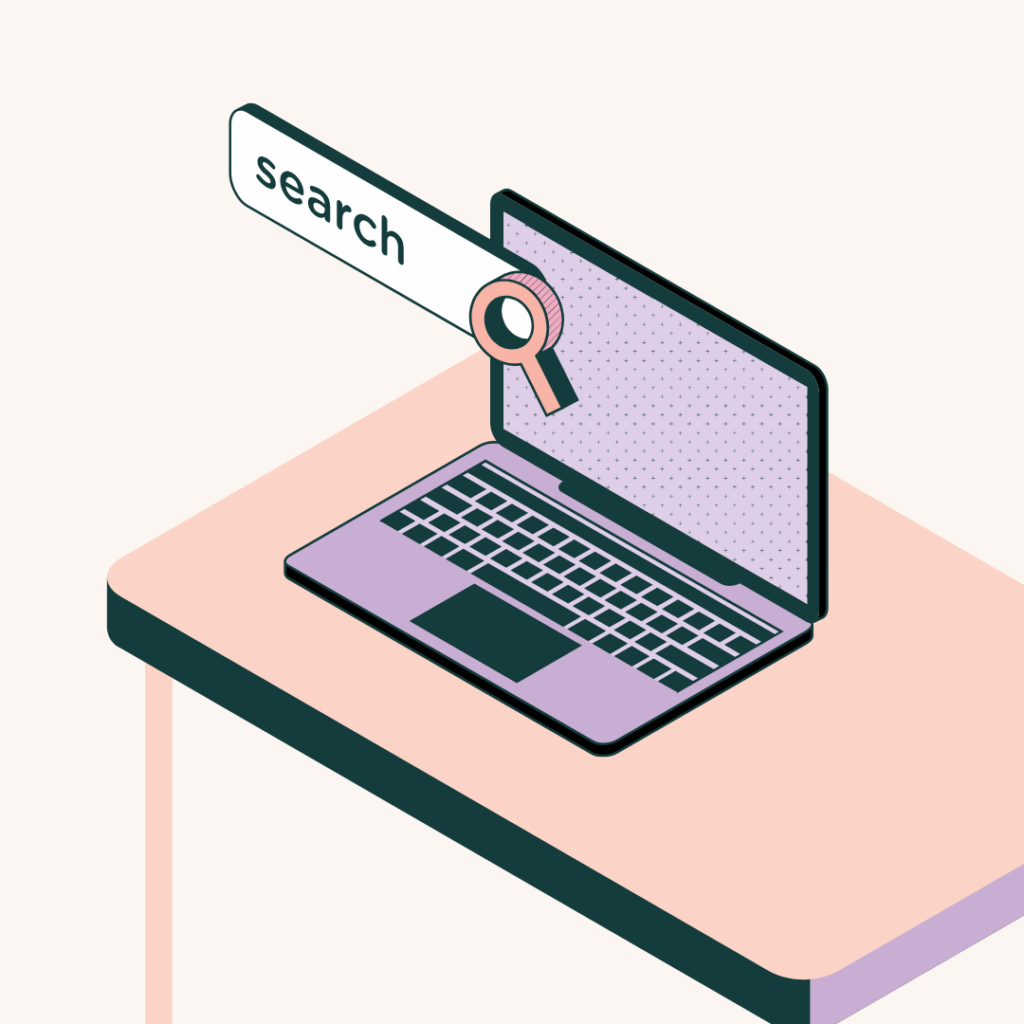 Illustration eines Laptops auf einem Tisch mit Lupe und dem Schriftzug „search“. Die Grafik steht für eine Online-Suche oder Recherche.