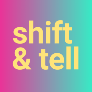 Schriftzug "shift & tell" in gelb auf buntem Hintergrund