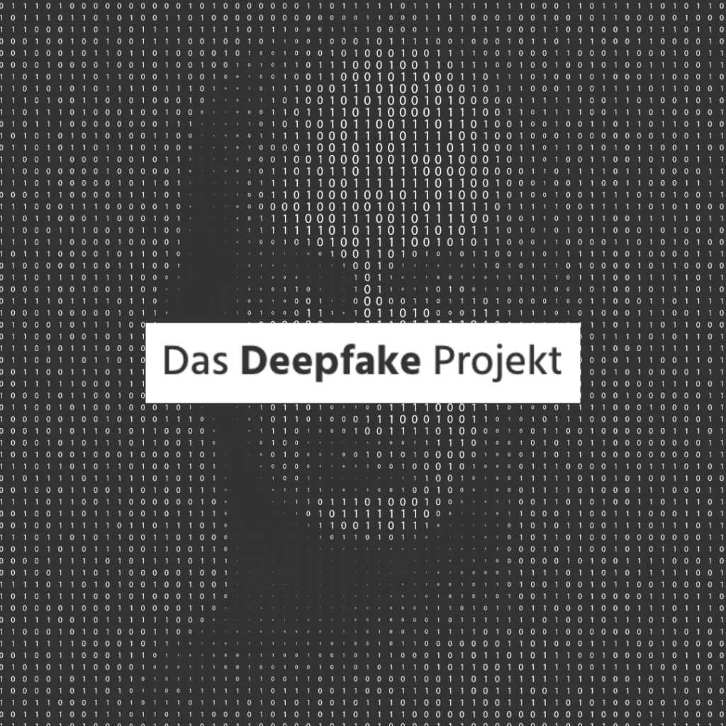 Schwarz-weiße Zeichnung eines männlichen Gesichts aus binären Zahlen mit dem Text 'Das Deepfake Projekt' in der Bildmitte