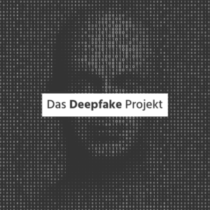 Schwarz-weiße Zeichnung eines männlichen Gesichts aus binären Zahlen mit dem Text 'Das Deepfake Projekt' in der Bildmitte