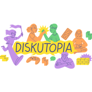 Bunte Illustration mit fünf Personen in verschiedenen Posen um das gelbe Banner mit dem Schriftzug 'DISKUTOPIA', umgeben von Spielsteinen und einem Controller.